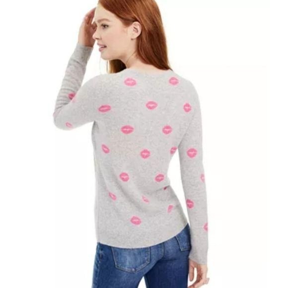 Charter Club 100% Cashmere Lipstick Lips Crewneck Sweater Gray Pink Medium - Picture 2 of 13